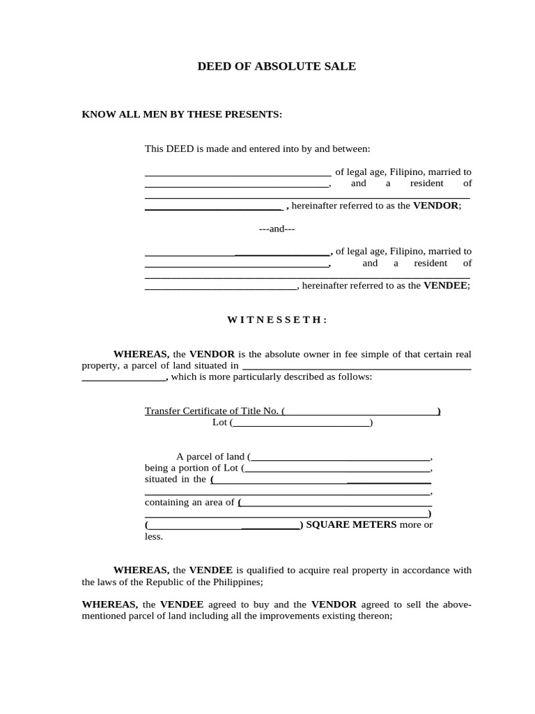 Deed of Absolute Sale Template | PDF | Land Lot | Taxes