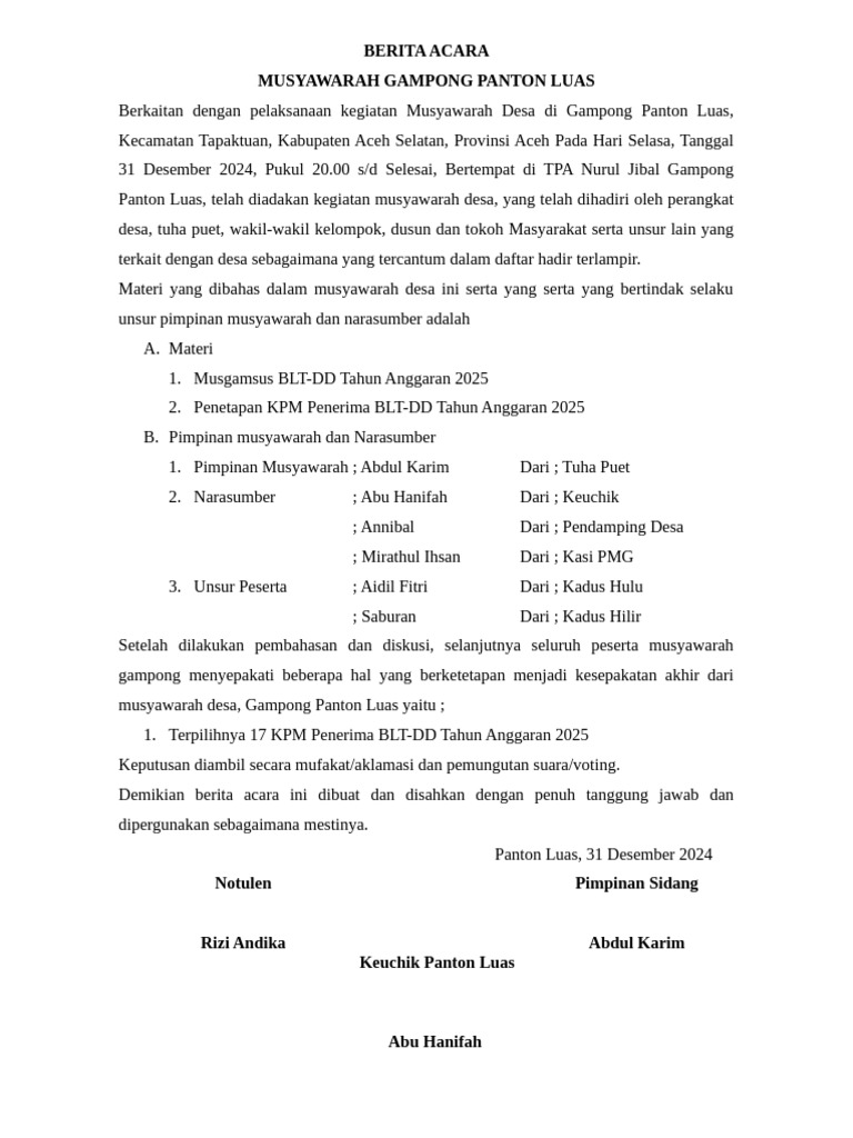 Musyawarah Gampong Panton Luas 2024 | PDF