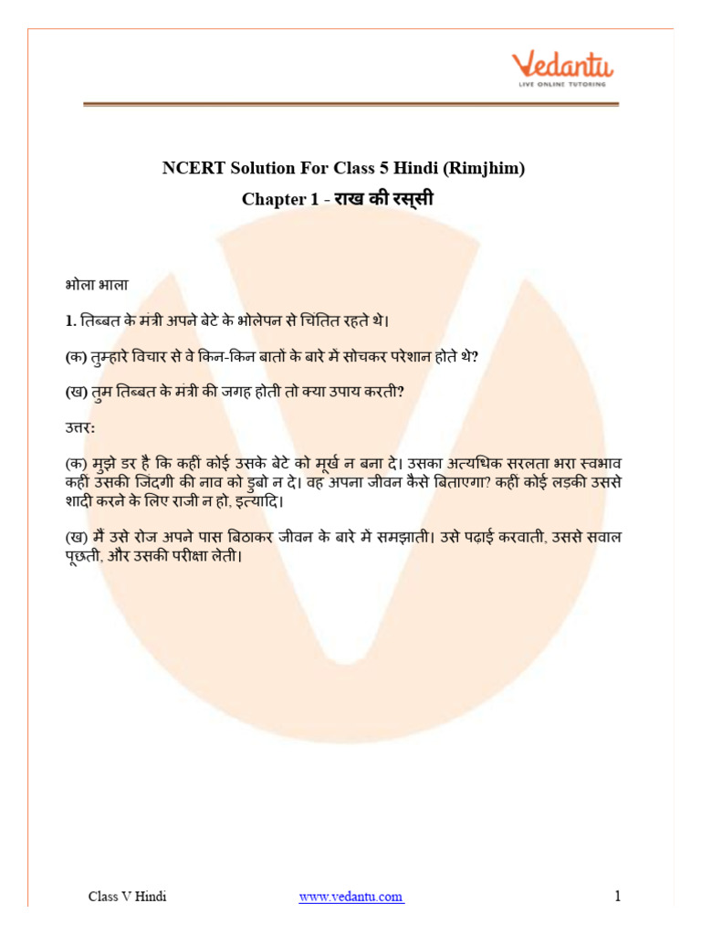 NCERT Solutions For Class 5 Hindi Rimjhim - Raakh Ki Rassi | PDF