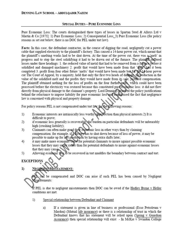 Pure Economic Loss in Tort Law Explained | PDF | Negligence | Tort
