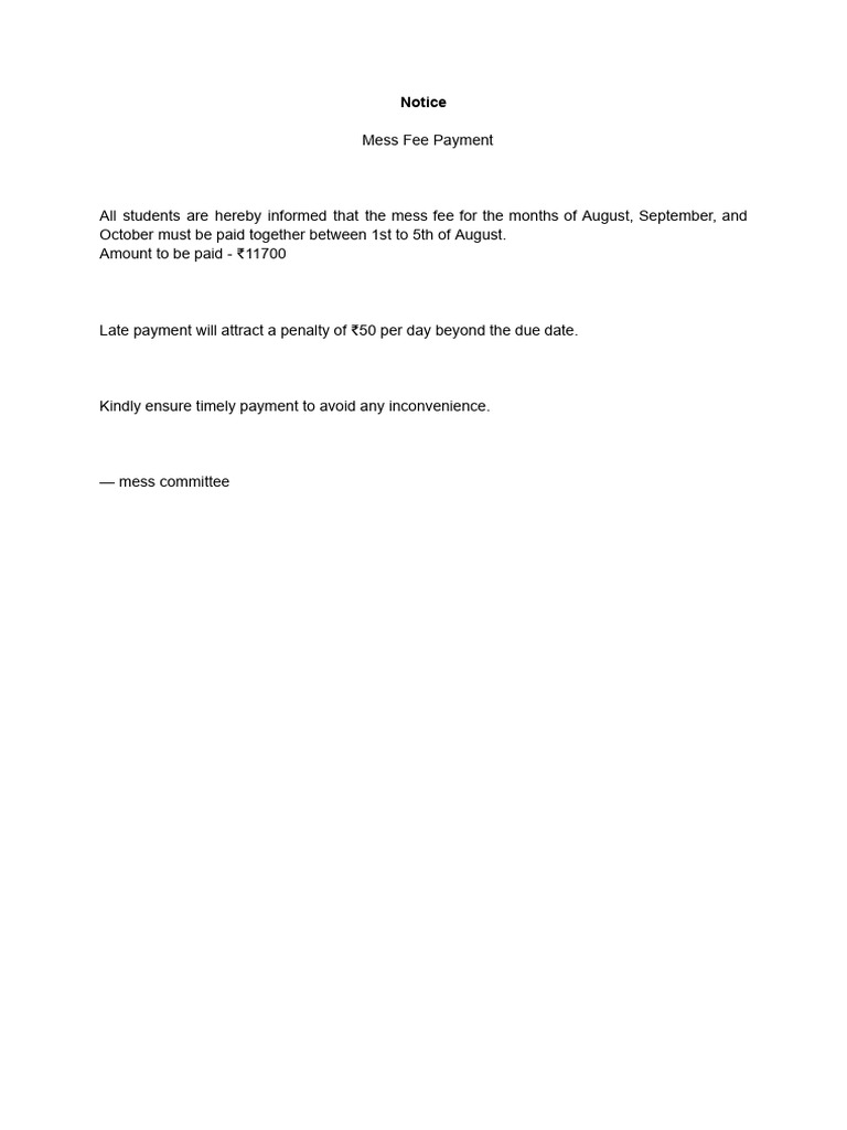 August-October Mess Fee Notice | PDF