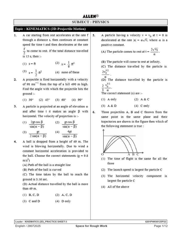 Kinematics Practice Sheet: Projectile Motion | PDF | Acceleration ...