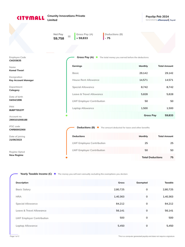 22637543Feb24Payslip. | PDF | Tax Deduction | Taxes