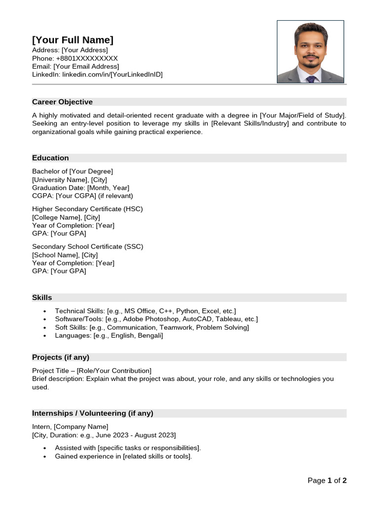 Fresh Graduate CV Template Example | PDF