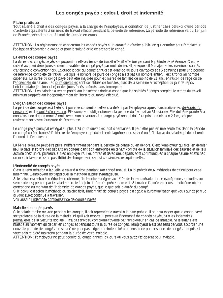 Congés payés : droits et calculs | PDF | Congé annuel | Business