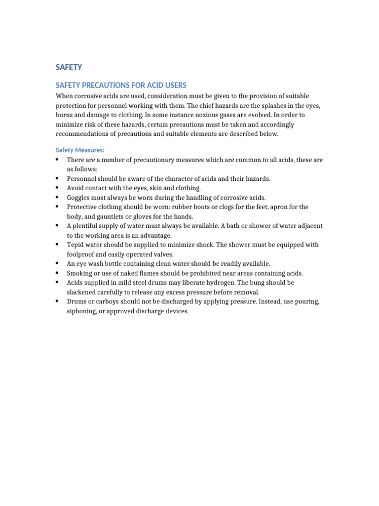 Acid Safety Precautions and Measures | PDF