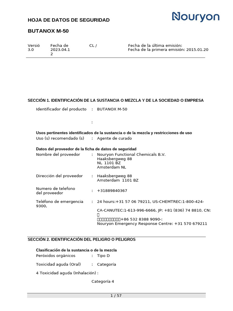 Hoja de Seguridad Butanox M-50 | PDF | Química