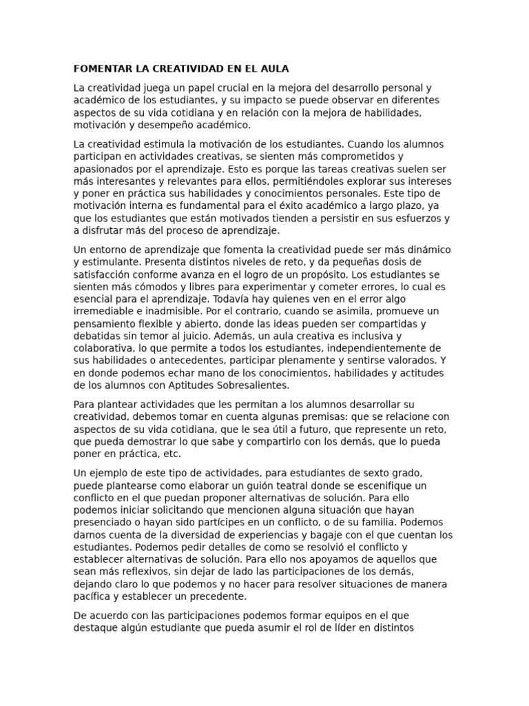 Fomentar la Creatividad en el Aula | PDF | Creatividad | Aprendizaje