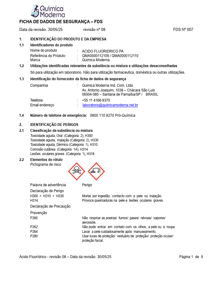 Ficha de Segurança do Ácido Fluorídrico | PDF | Toxicidade