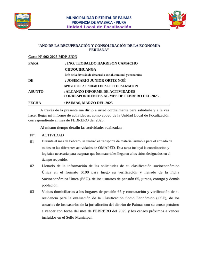 Informe de Actividades Febrero 2025 Paimas | PDF