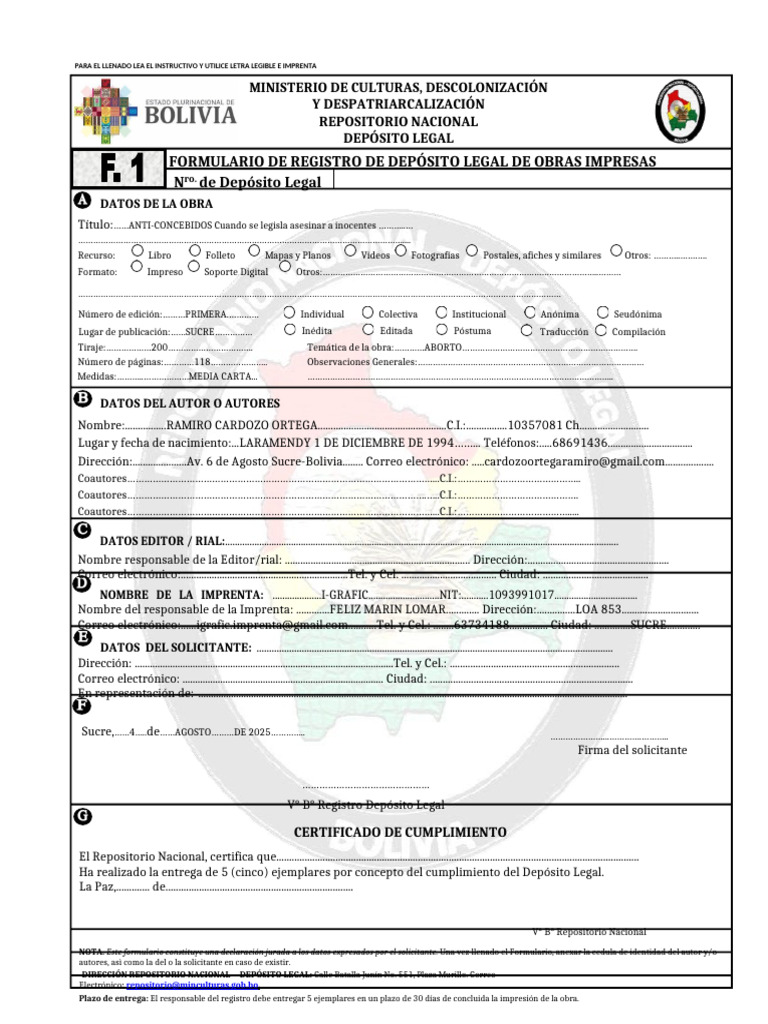 Formulario Depósito Legal Bolivia | PDF