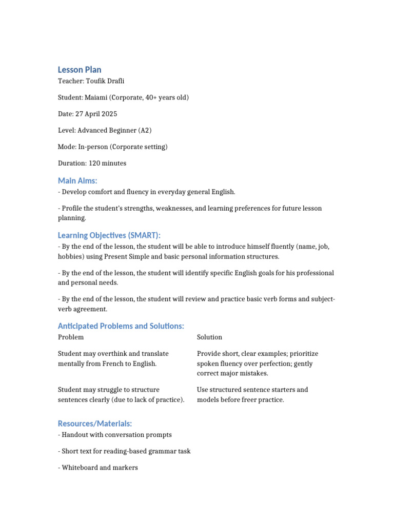 Advanced Beginner English Lesson Plan | PDF | Lesson Plan | English ...