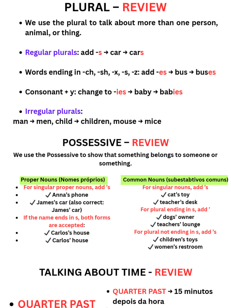 Grammar Review: Plurals, Possessives, Time | PDF | Plural | Noun