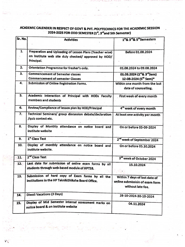 Academic Calendar - Odd Semester (2024-25) | PDF