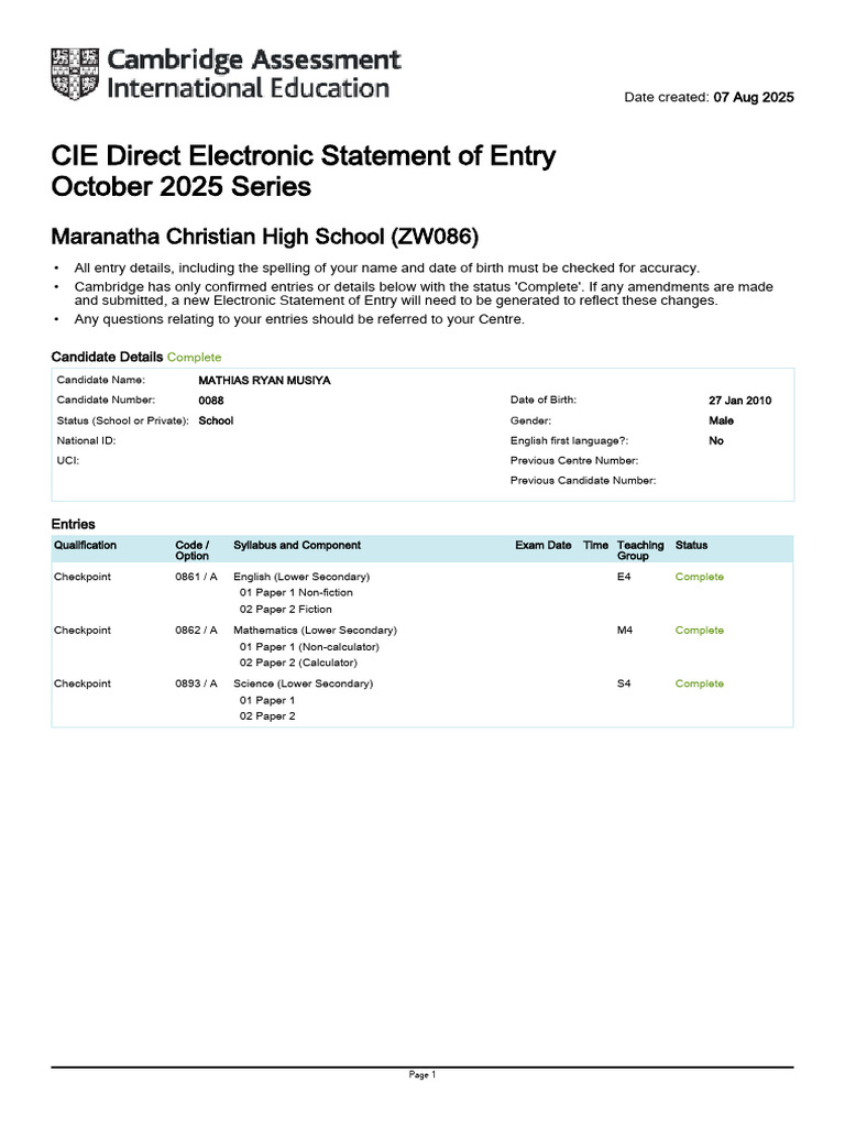 CIE Electronic Statement of Entry 2025 | PDF | Chess Openings | Chess ...