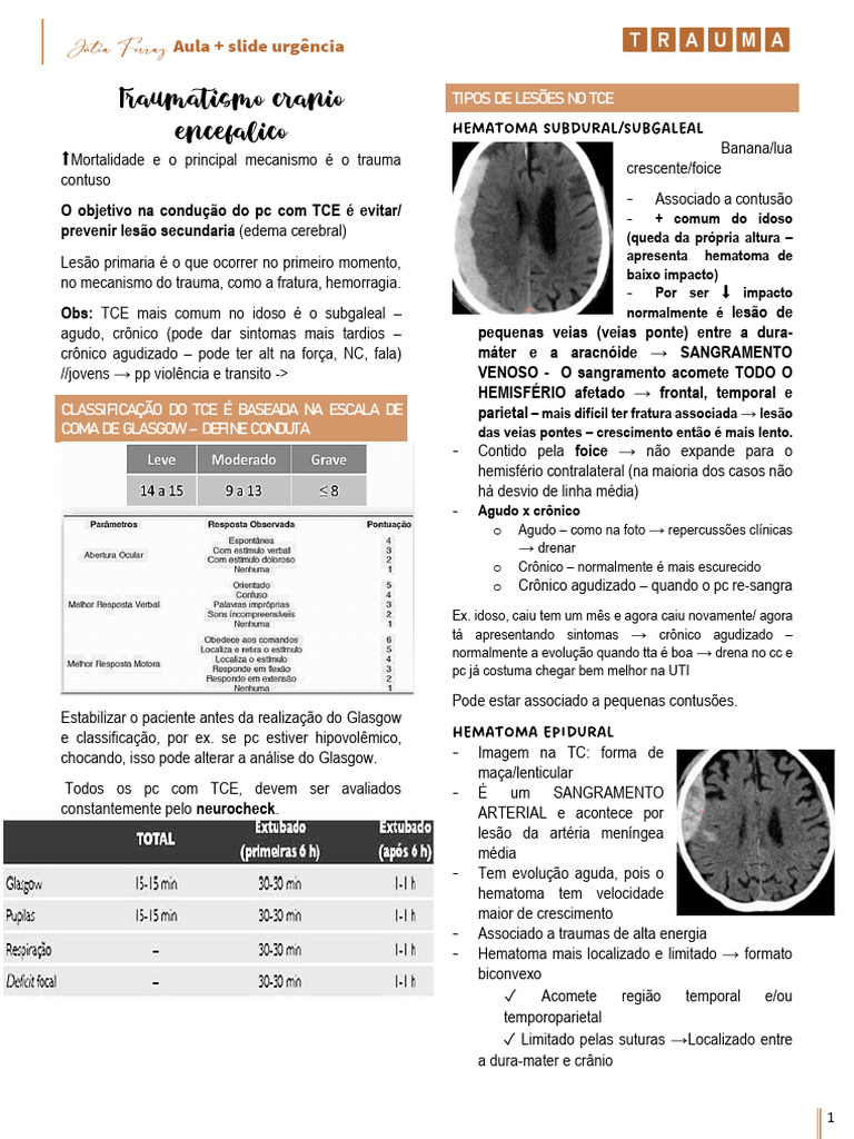 Trauma e TCE: Classificação e Tratamento | PDF | Traumatismo craniano ...