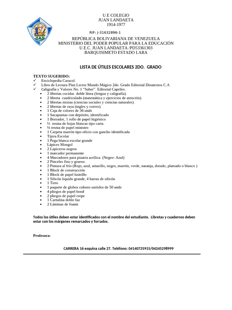 Lista de Útiles Escolares 2do Grado | PDF