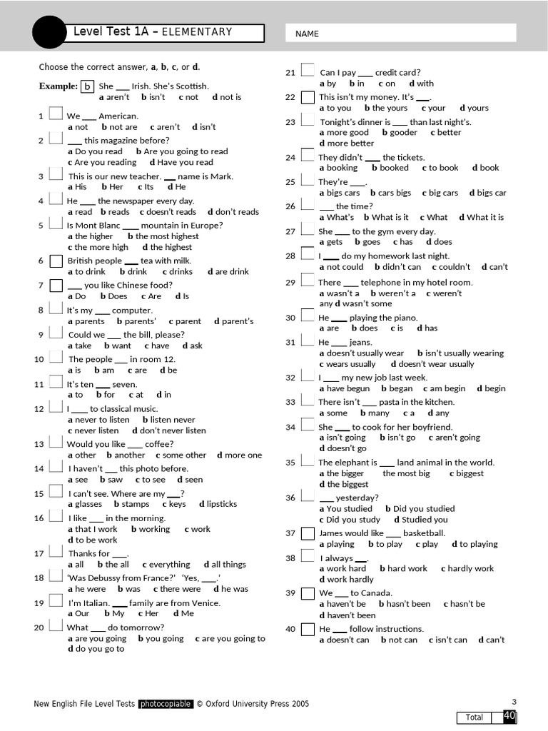 New English File Level Test 1A/B | PDF | Drink