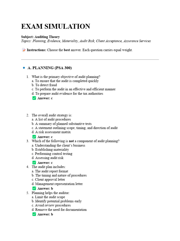 Auditing Theory Exam Simulation Guide | PDF | Audit | Internal Control