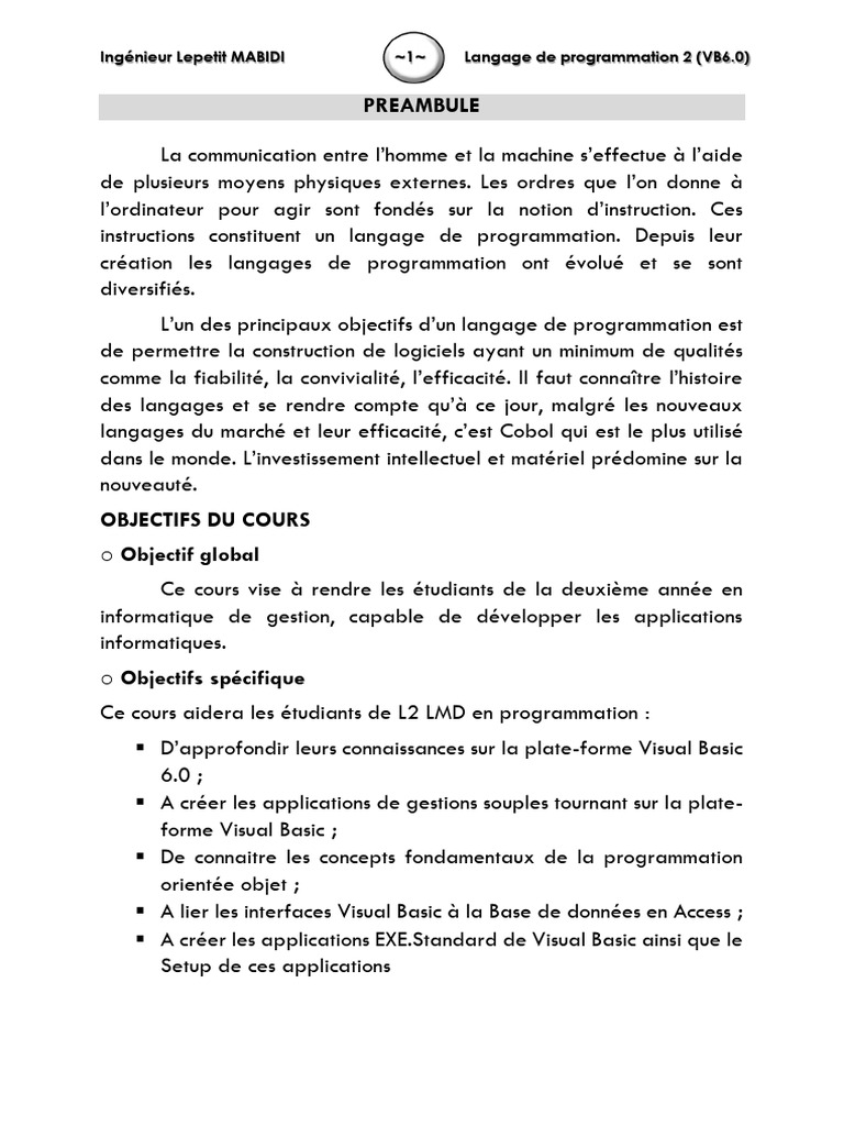 Cours sur Visual Basic 6.0 | PDF | De base | Programmation informatique