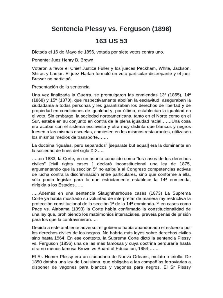 Plessy vs. Ferguson: Racial Segregation Case | PDF | Presidentes de los ...