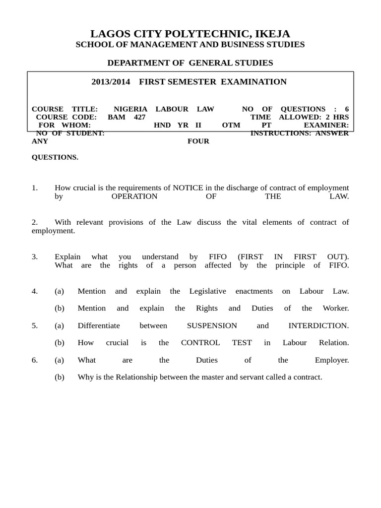 Nigeria Labour Law Examination 2014 | PDF