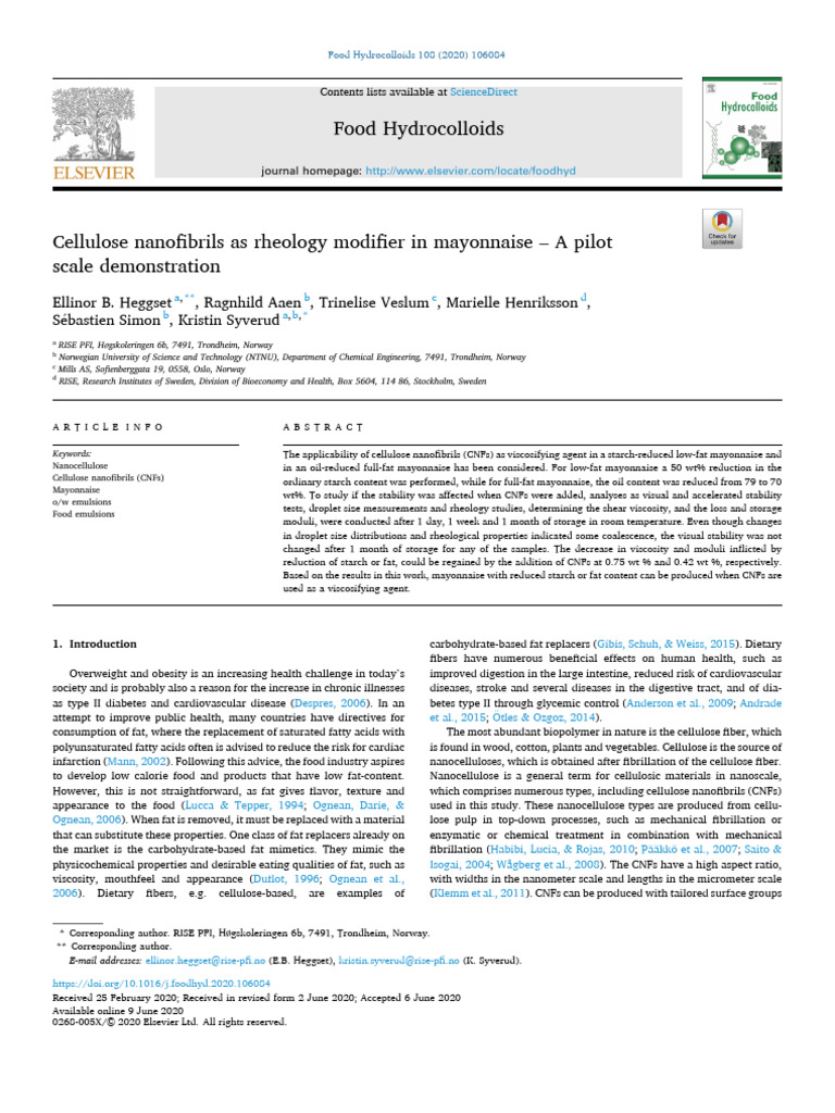 Cellulose Nanofibrils As Rheology Modifier in Mayonnaise - A Pilot ...