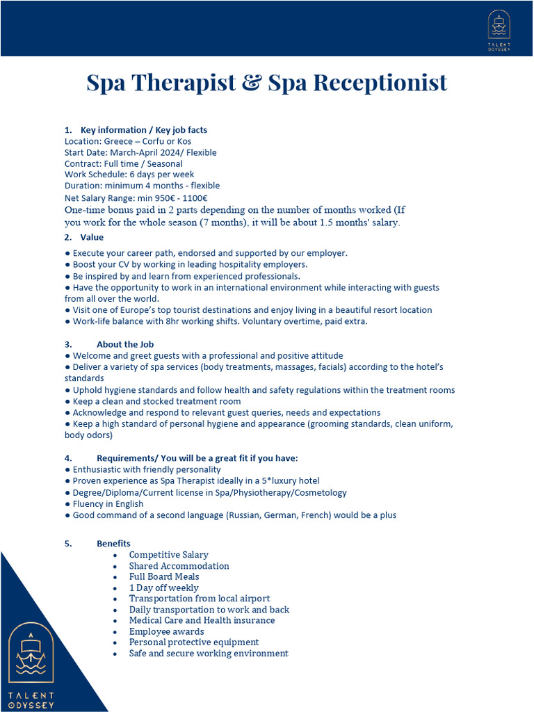 Spa Therapist Job Opportunity in Greece | PDF