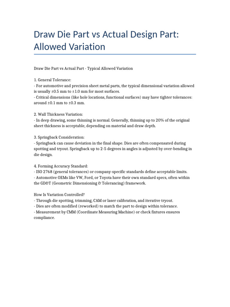 Allowed Variations in Die Parts Design | PDF