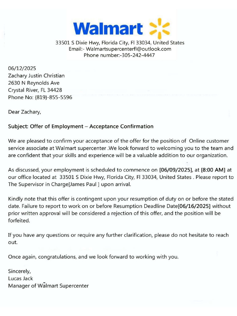 Walmart Supermarket Letter | PDF