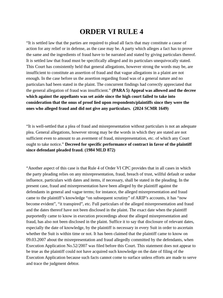 Pleading Specifics Under Order VI Rule 4 | PDF | Burden Of Proof (Law ...