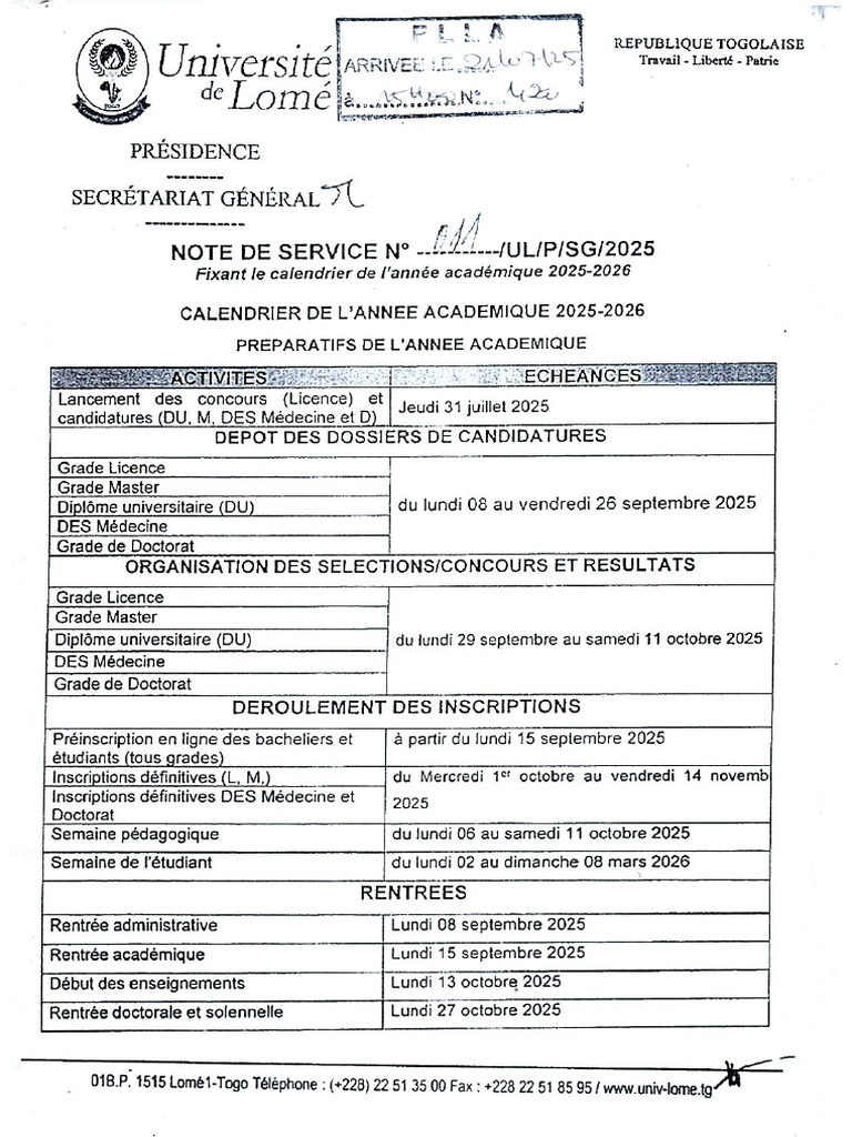CALENDRIER ACADÉMIQUE UL 2025-2026123eer | PDF