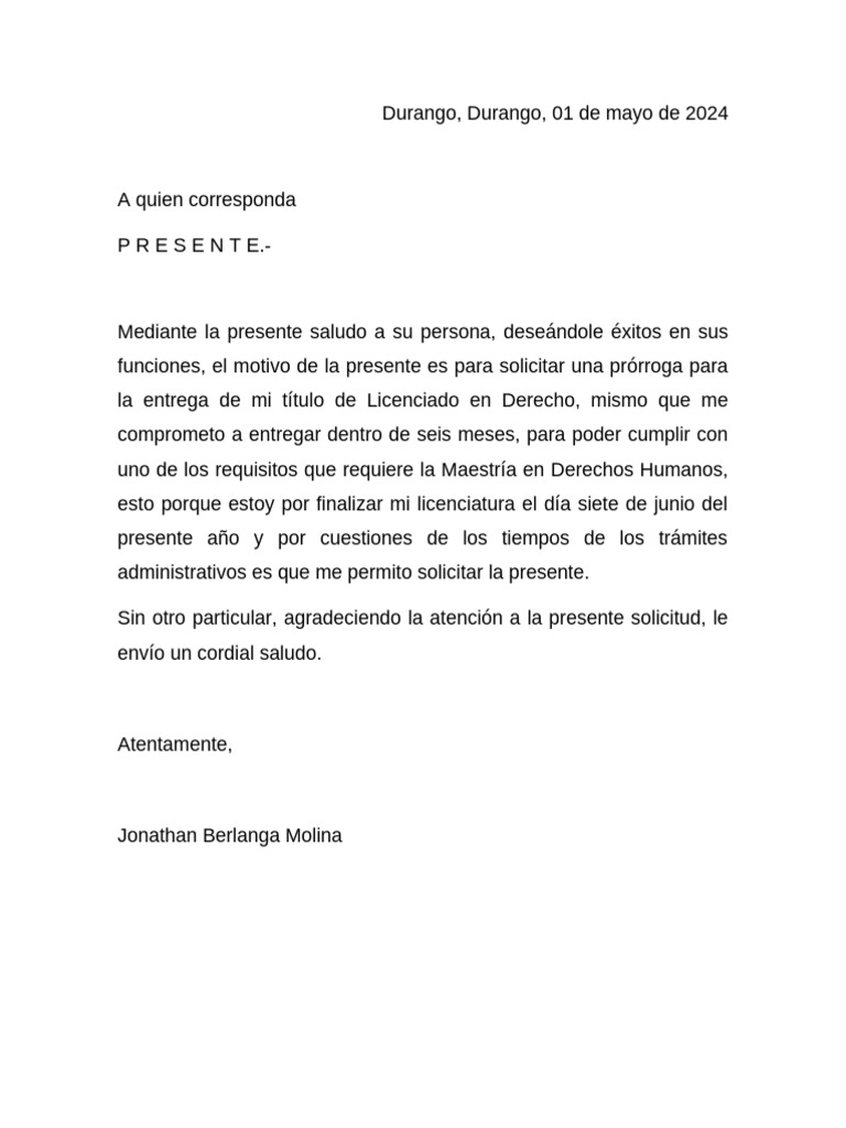 Solicitud de prórroga para título de Derecho | PDF
