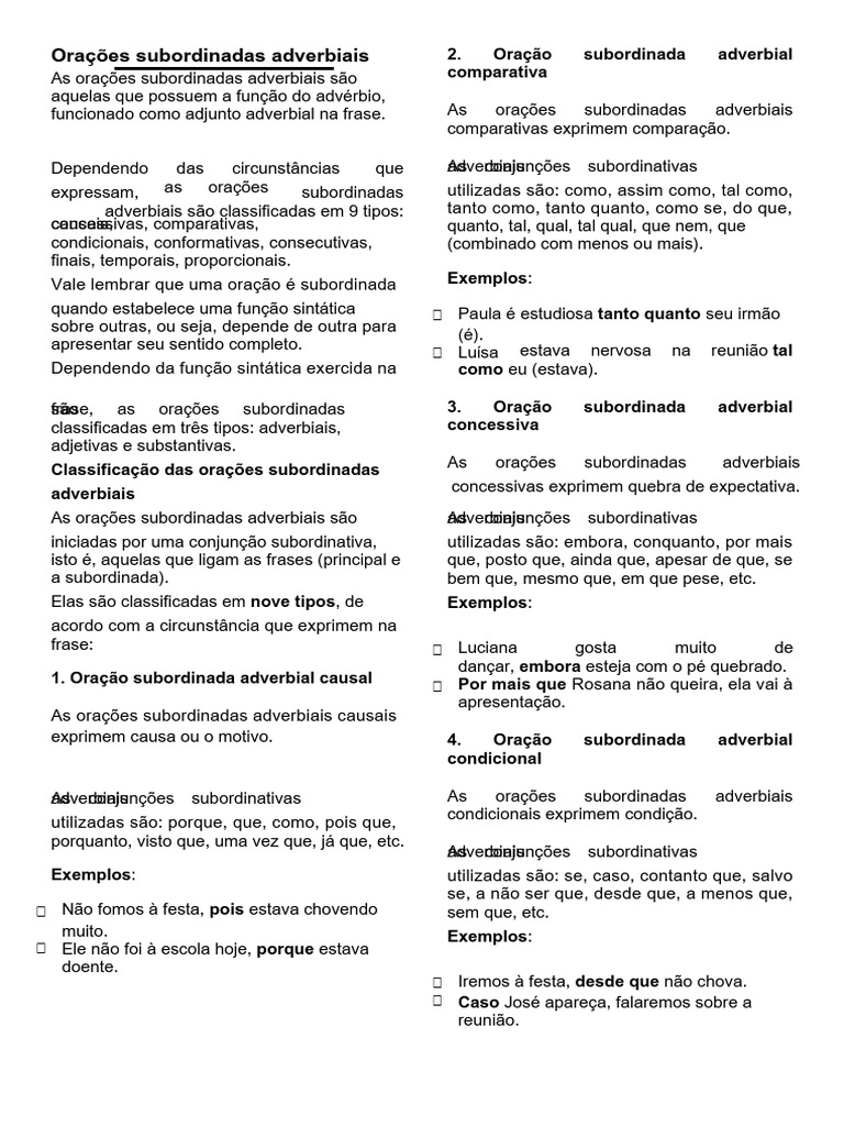 Classificação de Orações Subordinadas Adverbiais | PDF | Gramática ...