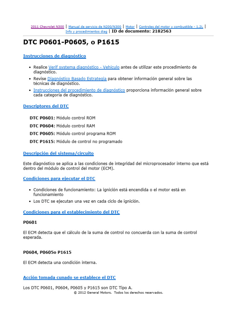 DTC P0601-P0605, o P1615: Verif Systema Diagnóstico - Vehículo | PDF ...