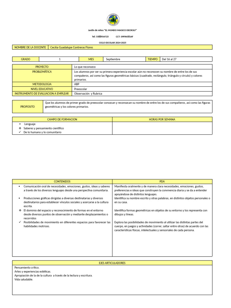 Plan 1 A Quin Sep | PDF | Educación de la primera infancia
