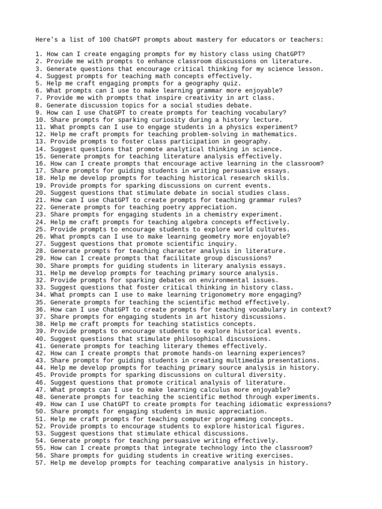 100 ChatGPT Prompts for Educators | PDF | Critical Thinking | Learning