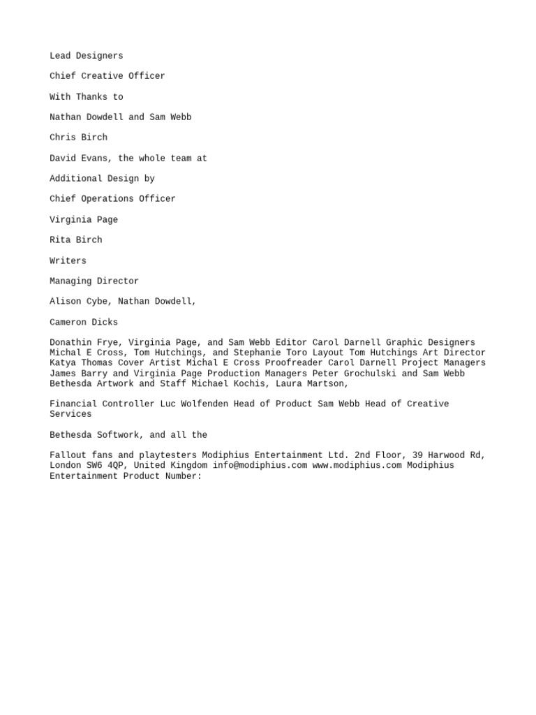 Fallout 2D20 Design Team Acknowledgment | PDF