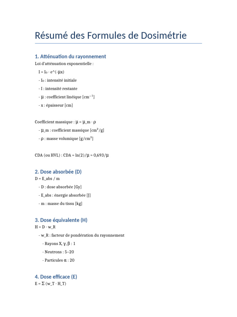Formules de Dosimétrie et Dose Absorbée | PDF