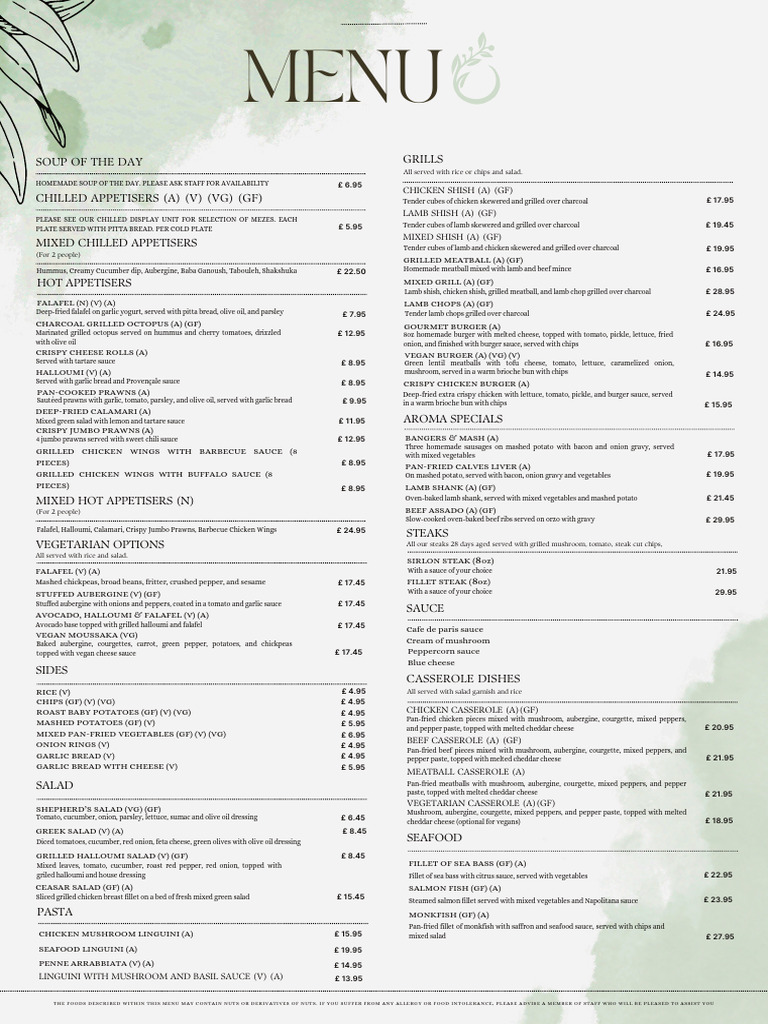 Aroma Restaurant Menu Overview | PDF | Hamburgers | Eggplant