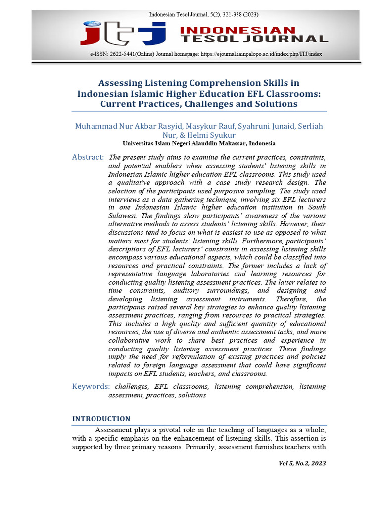 Listening Assessment in Indonesian EFL Classrooms | PDF | Reading ...