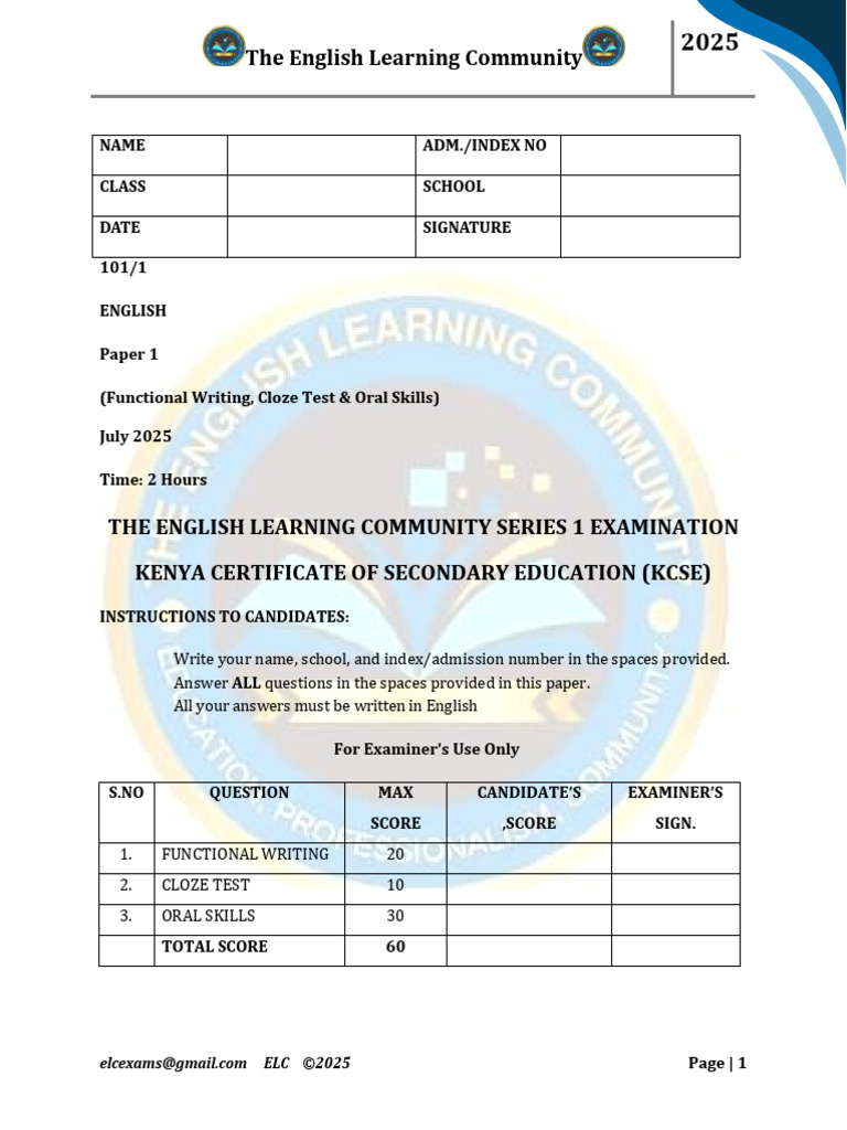 KCSE 2025 English Paper 1 Exam Guide | PDF