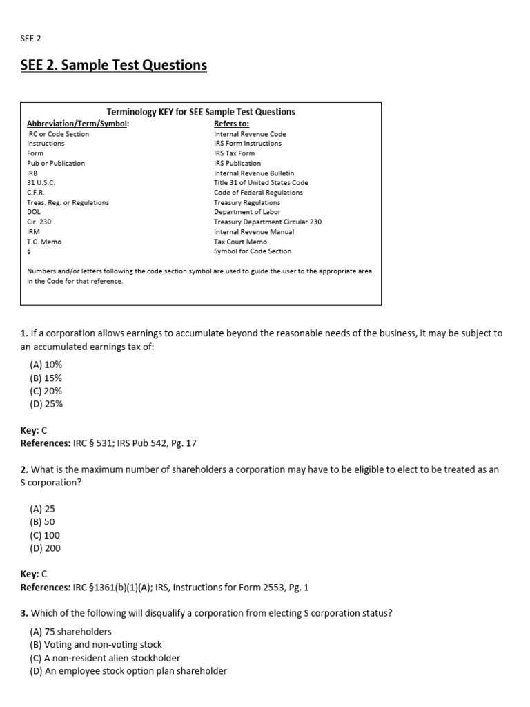SEE 2: Sample Test Questions for S Corporations | PDF | S Corporation ...