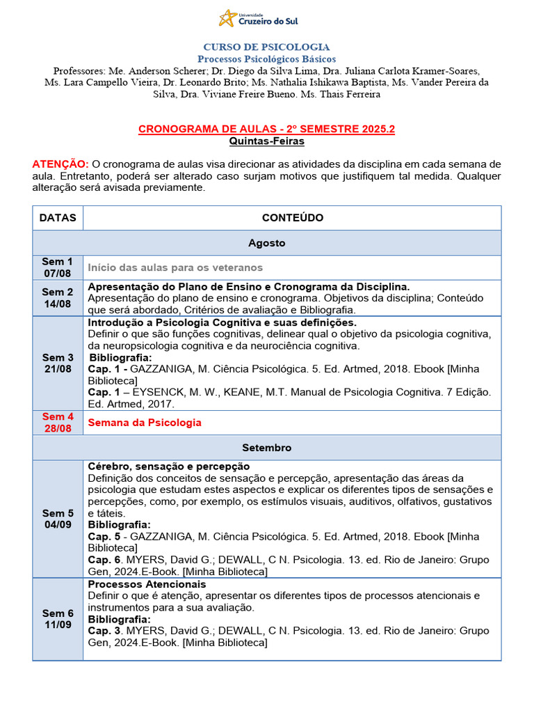 Cronograma do Curso de Psicologia 2025.2 | PDF | Psicologia | Sentidos