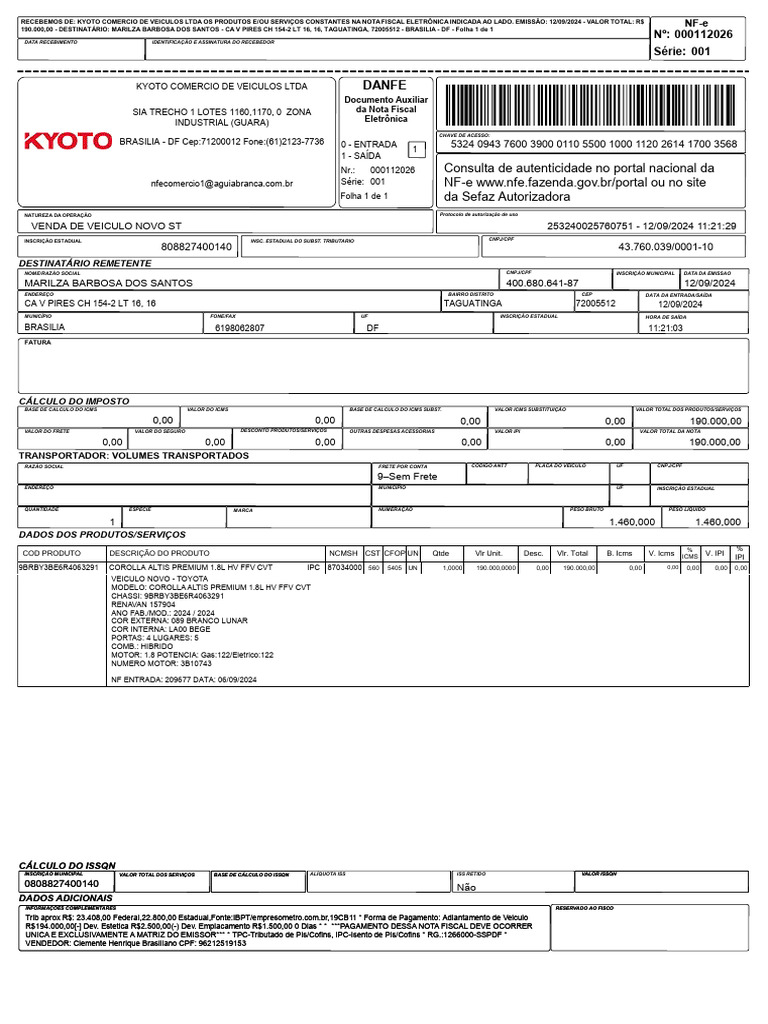 Nota Fiscal de Veículo - 12/09/2024 | PDF | Recibo | Contabilidade
