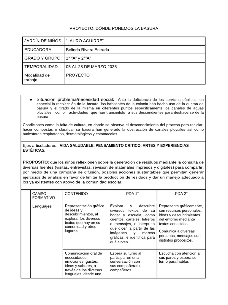 Proyecto de Basura en Preescolar | PDF | Residuos | Educación de la ...