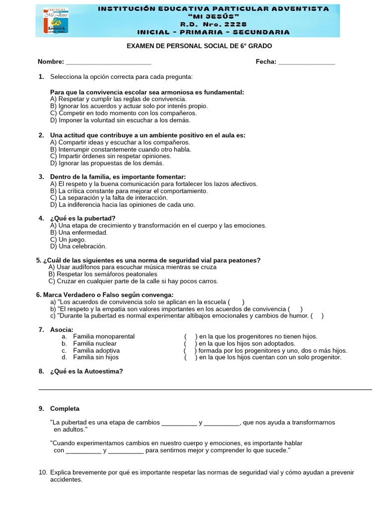 Respuestas EXAMEN DE PERSONAL SOCIAL DE 6 | PDF | Las emociones ...