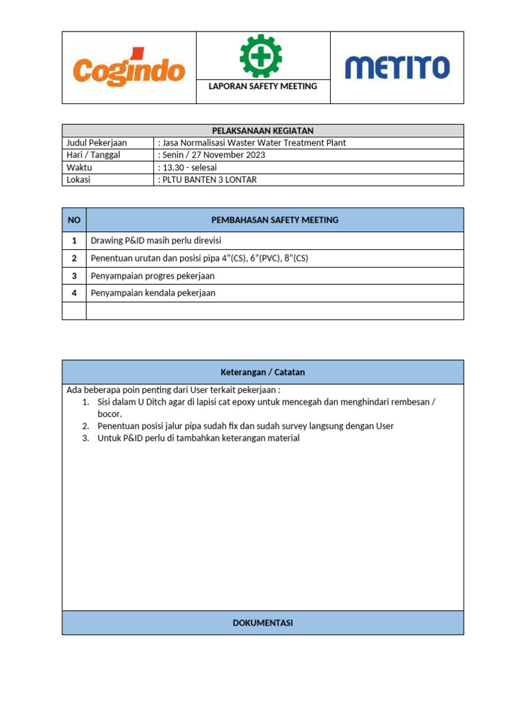 Laporan Safety Meeting PLTU Banten 3 | PDF