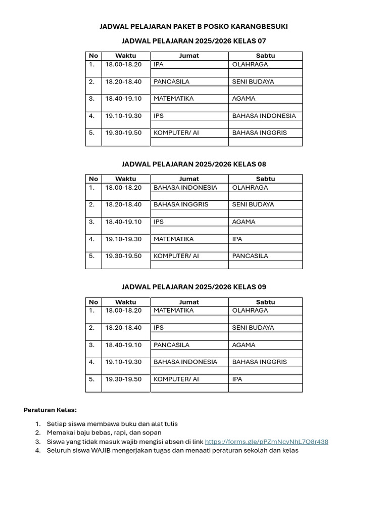 Jadwal Pelajaran Paket B 2025/2026 | PDF