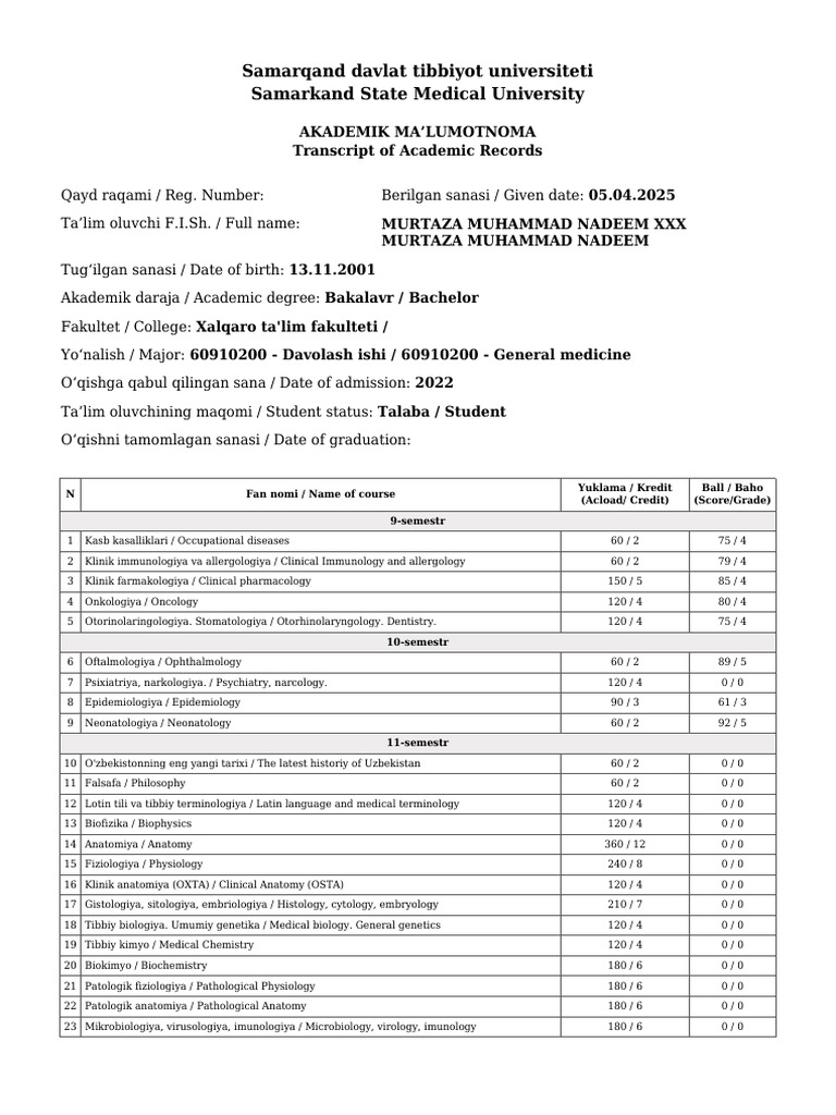 Samarkand State Medical University Transcript | PDF | Medicine | Pathology
